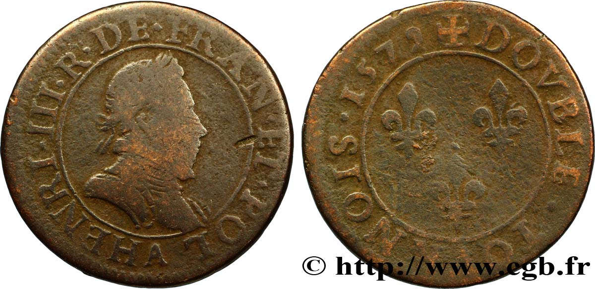 HENRI III Double tournois, 1er type de Paris 1579 Paris, Moulin des Étuves B