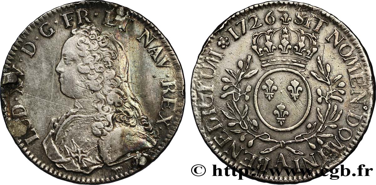 LOUIS XV  THE WELL-BELOVED  Écu aux branches d olivier, buste habillé 1726 Paris BC/BC+