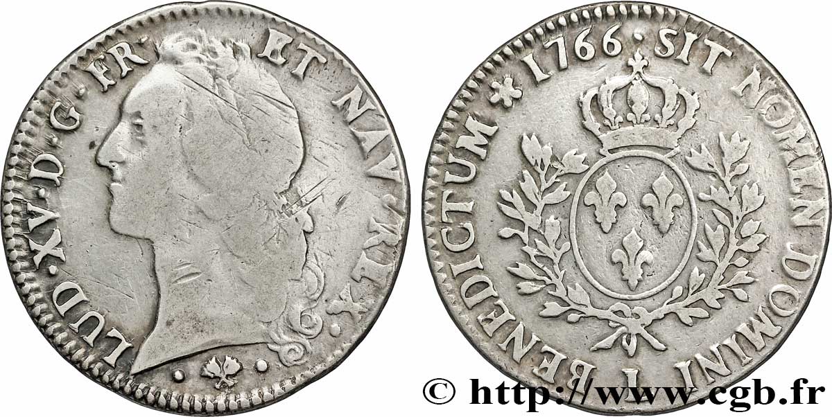 LOUIS XV DIT LE BIEN AIMÉ Écu aux branches d’olivier, tête ceinte d’un bandeau 1766 Bayonne B+/TB