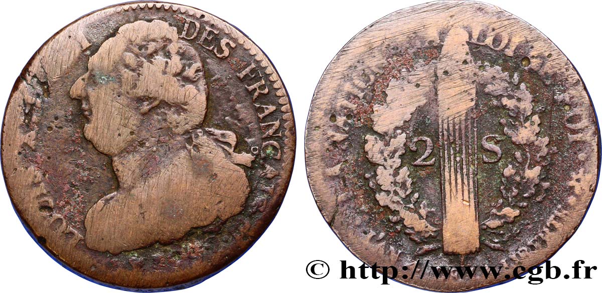 LOUIS XVI (MONARQUE CONSTITUTIONNEL)  2 sols dit  au faisceau , type FRANÇAIS 1792 Strasbourg B+