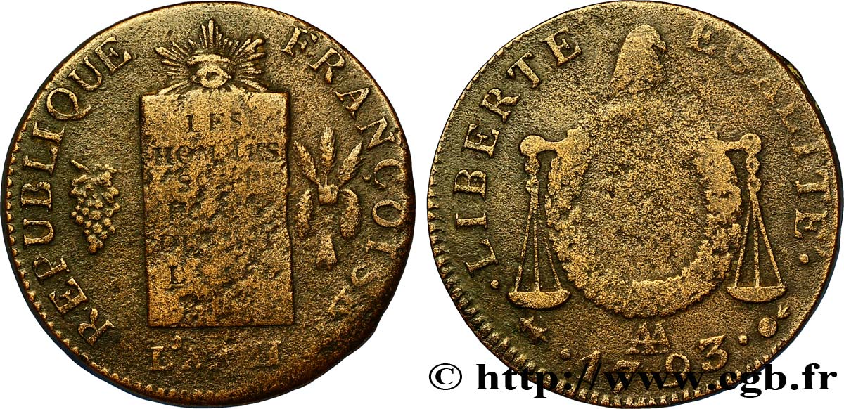 LA CONVENTION 2 sols dit &nbsp;à la table de loi&nbsp; 1793 Metz TB