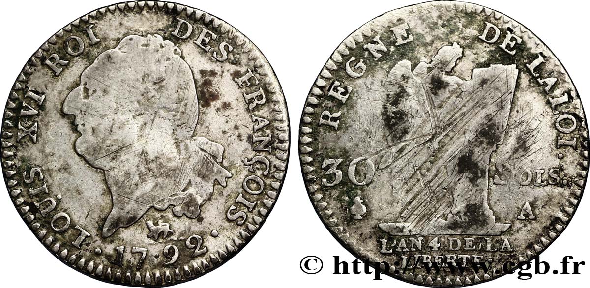 LOUIS XVI (MONARQUE CONSTITUTIONNEL)  30 sols dit &nbsp;au génie&nbsp;, type FRANÇOIS 1792 Paris B+