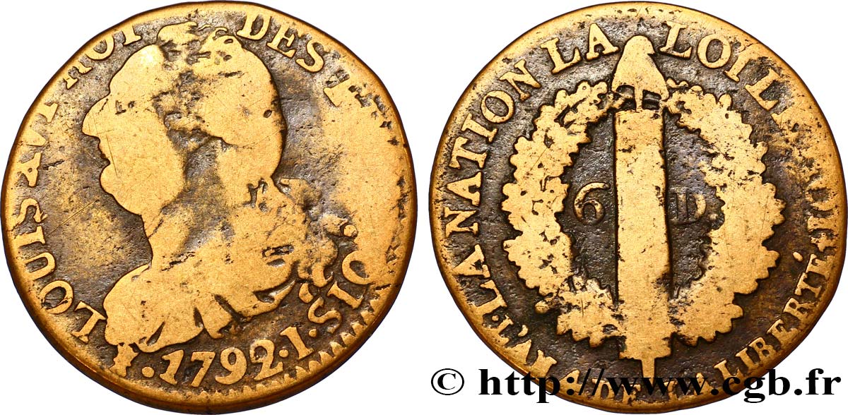 LOUIS XVI (MONARQUE CONSTITUTIONNEL)  6 deniers dit &nbsp;au faisceau&nbsp;, type FRANÇOIS 1792 Limoges B