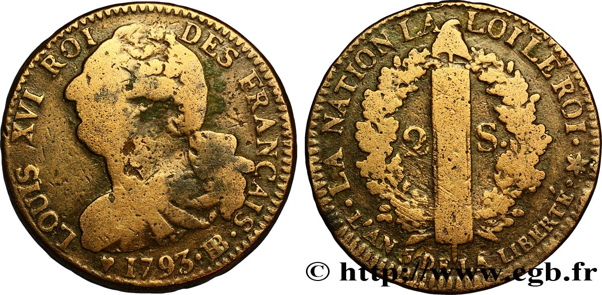 LOUIS XVI 2 sols dit  au faisceau , type FRANÇAIS 1793 Strasbourg q.MB