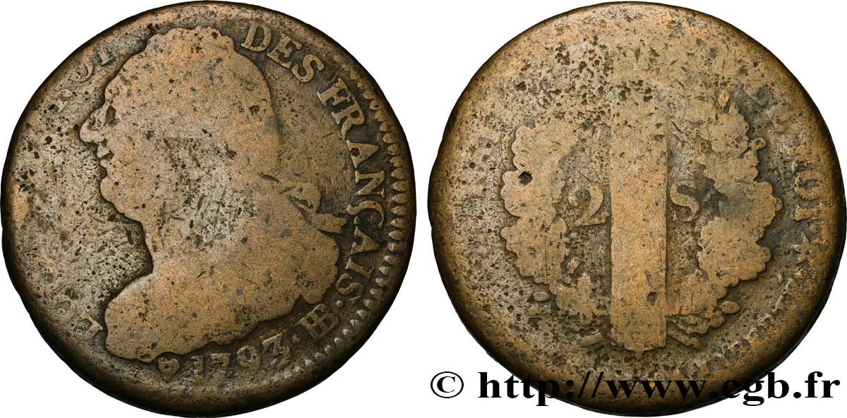 LOUIS XVI (MONARQUE CONSTITUTIONNEL)  2 sols dit &nbsp;au faisceau&nbsp;, type FRANÇAIS 1793 Strasbourg B