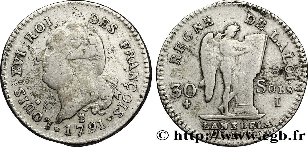 LOUIS XVI (MONARQUE CONSTITUTIONNEL)  30 sols dit &nbsp;au génie&nbsp;, type FRANÇOIS 1791 Limoges TB
