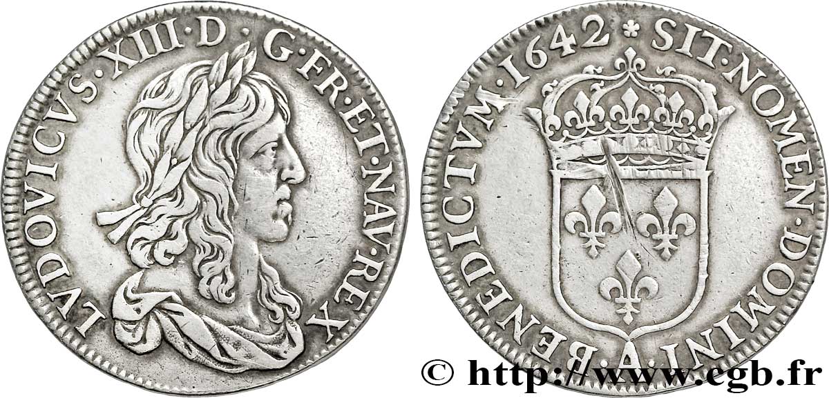 LOUIS XIII LE JUSTE Demi-écu, buste drapé (1er buste de Jean Warin) 1642 Paris, Monnaie de Matignon TB+