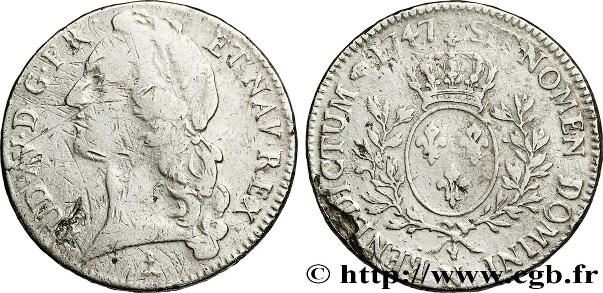 LOUIS XV DIT LE BIEN AIMÉ Écu aux branches d’olivier, tête ceinte d’un bandeau 1747 Montpellier TB