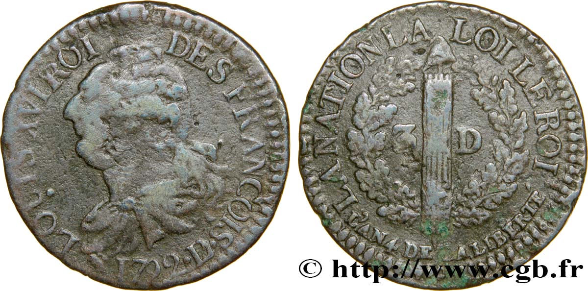 LOUIS XVI (MONARQUE CONSTITUTIONNEL)  3 deniers dit &nbsp;au faisceau&nbsp;, type FRANCOIS 1792 Lyon TB