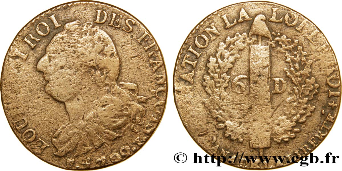 LOUIS XVI (MONARQUE CONSTITUTIONNEL)  6 deniers dit &nbsp;au faisceau&nbsp;, type FRANÇOIS 1792 Limoges B