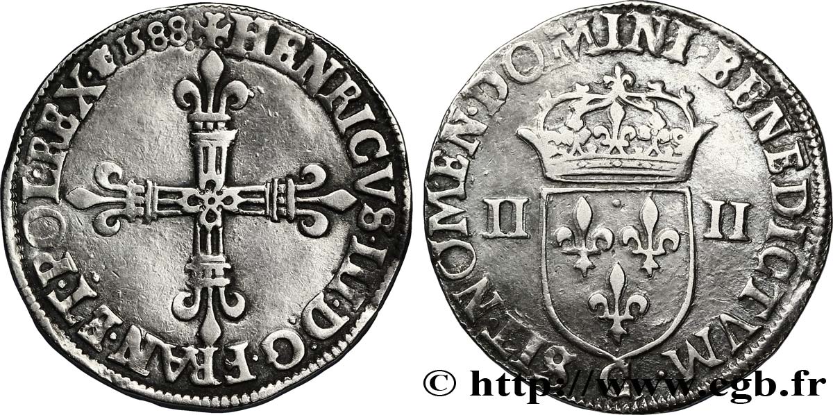 HENRY III Quart d écu, croix de face 1588 Saint-Lô XF
