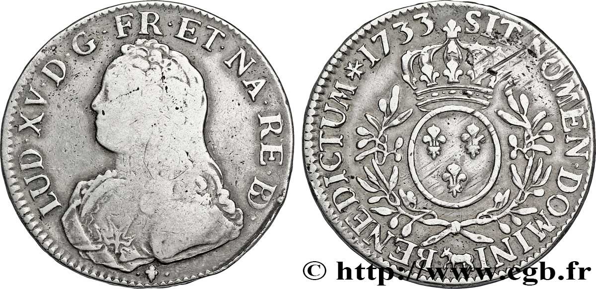 LOUIS XV DIT LE BIEN AIMÉ Écu aux branches d&nbsp;olivier, buste habillé 1733 Pau B+/TB