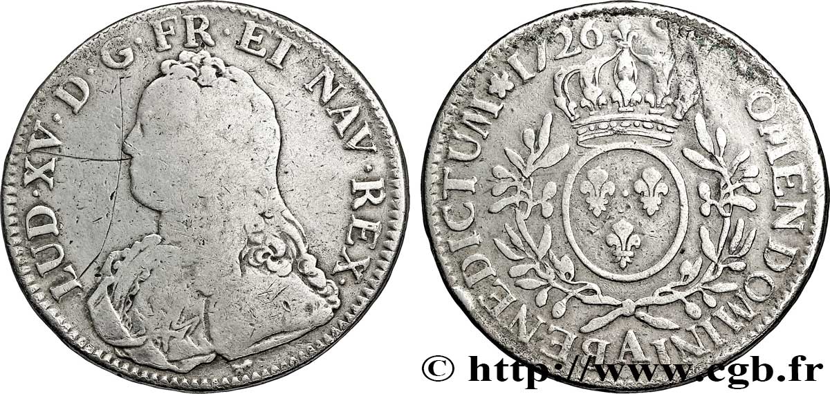 LOUIS XV DIT LE BIEN AIMÉ Écu aux branches d&nbsp;olivier, buste habillé 1726 Paris B+