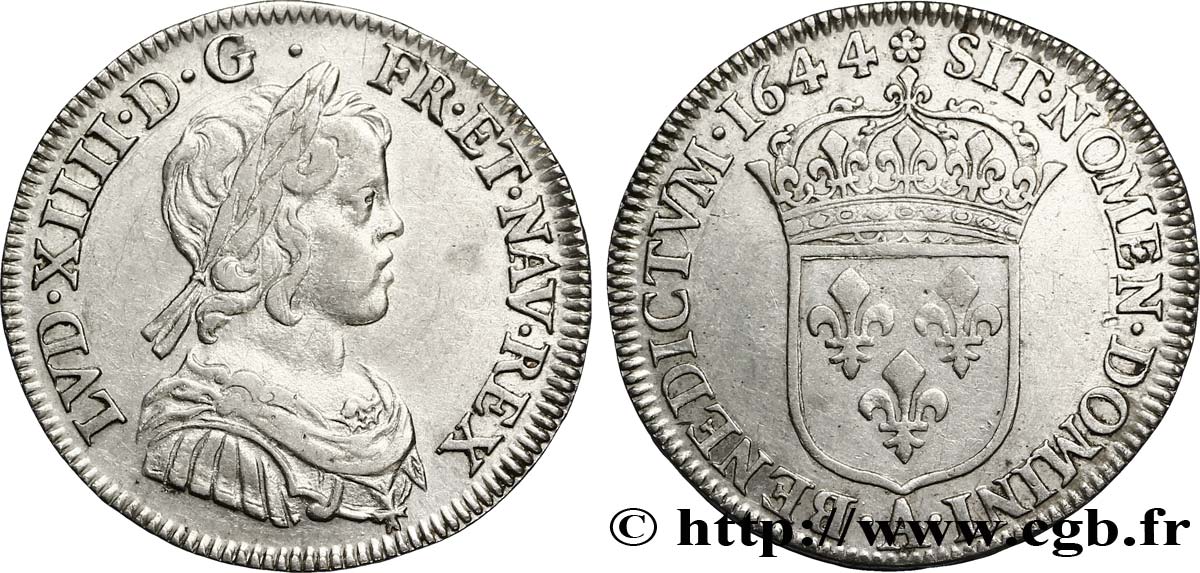 LOUIS XIV &nbsp;THE SUN KING&nbsp; Quart d&nbsp;écu, portrait à la mèche courte 1644 Paris, Monnaie de Matignon XF