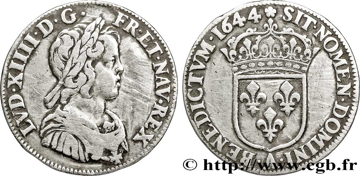 LOUIS XIV LE GRAND OU LE ROI SOLEIL Quart d&nbsp;écu, portrait à la mèche courte 1644 Paris, Monnaie de Matignon TB