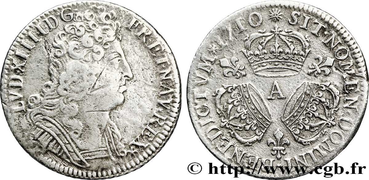 LOUIS XIV LE GRAND OU LE ROI SOLEIL Quart d&nbsp;écu aux trois couronnes 1710 Paris TB+