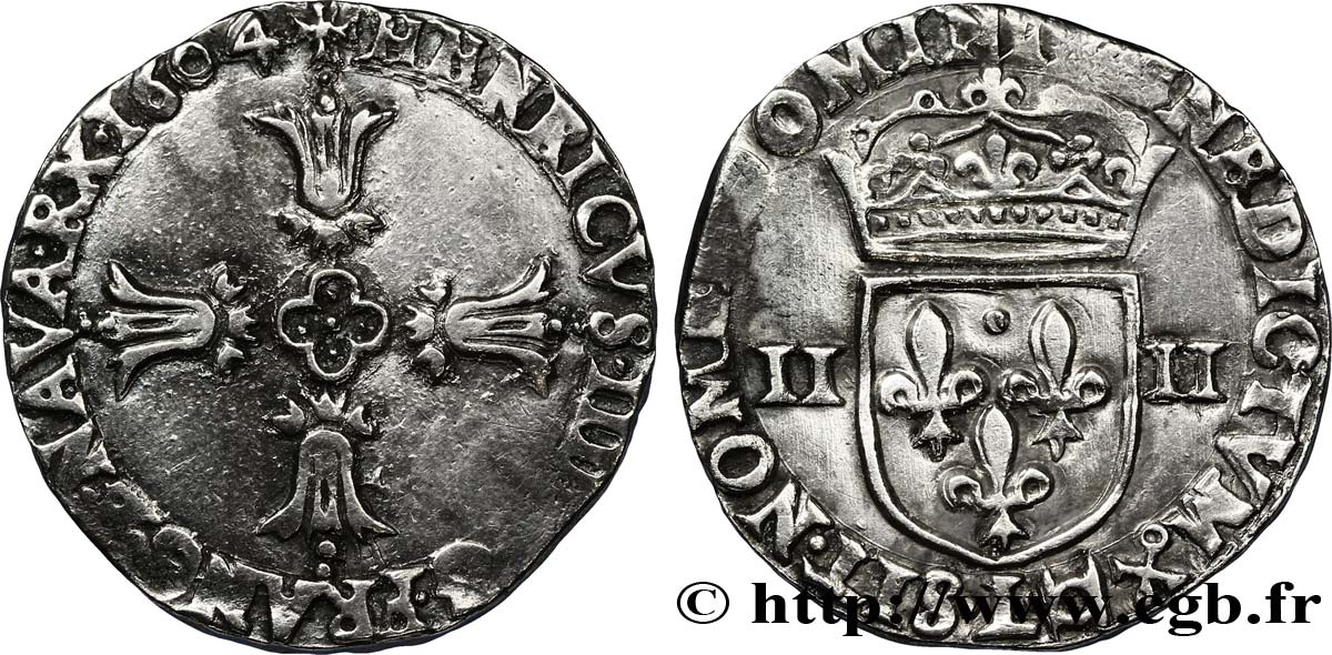 HENRI IV LE GRAND Quart d écu, croix feuillue de face 1604 Bayonne TB+