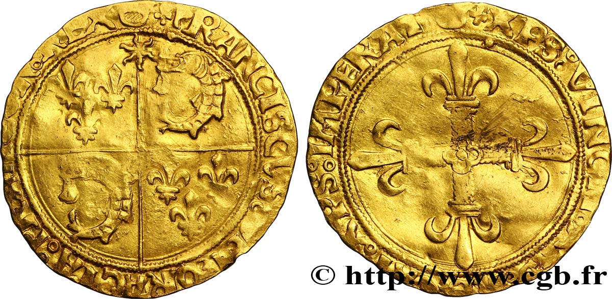 FRANÇOIS IER LE RESTAURATEUR DES LETTRES Écu d&nbsp;or au soleil du Dauphiné, 1er type 21/07/1519 Crémieu TB+