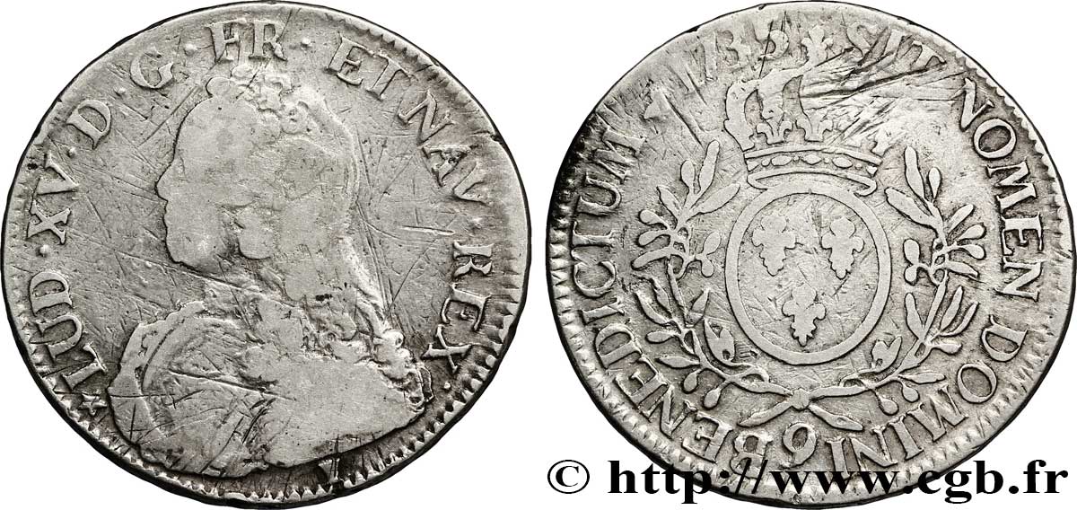 LOUIS XV DIT LE BIEN AIMÉ Écu aux branches d&nbsp;olivier, buste habillé 1735 Rennes TB