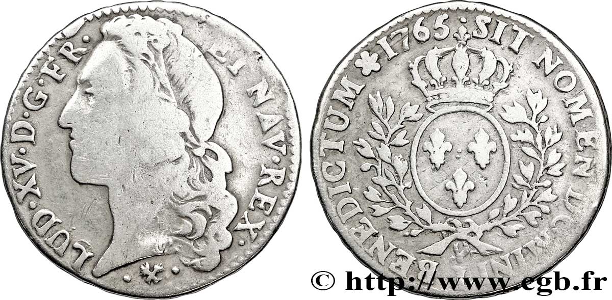 LOUIS XV DIT LE BIEN AIMÉ Demi-écu aux branches d’olivier, tête ceinte d’un bandeau 1765 Bayonne TB