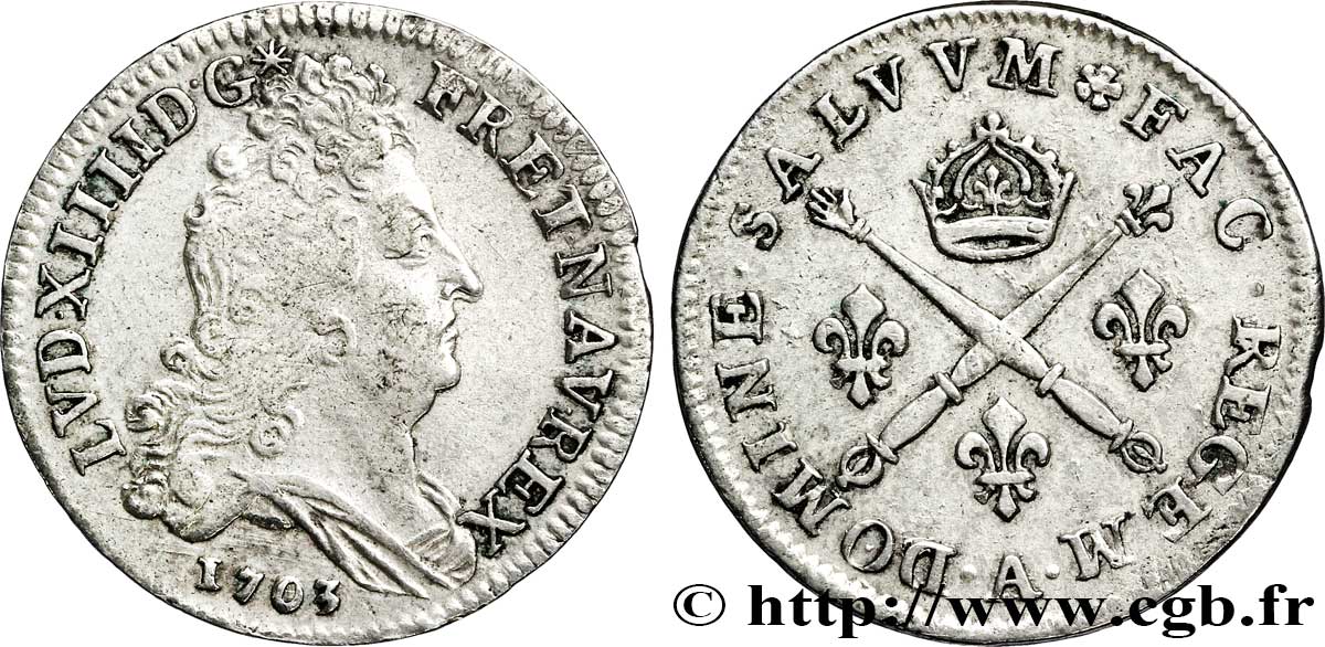 LOUIS XIV  THE SUN KING  10 sols aux insignes 1703 Paris XF