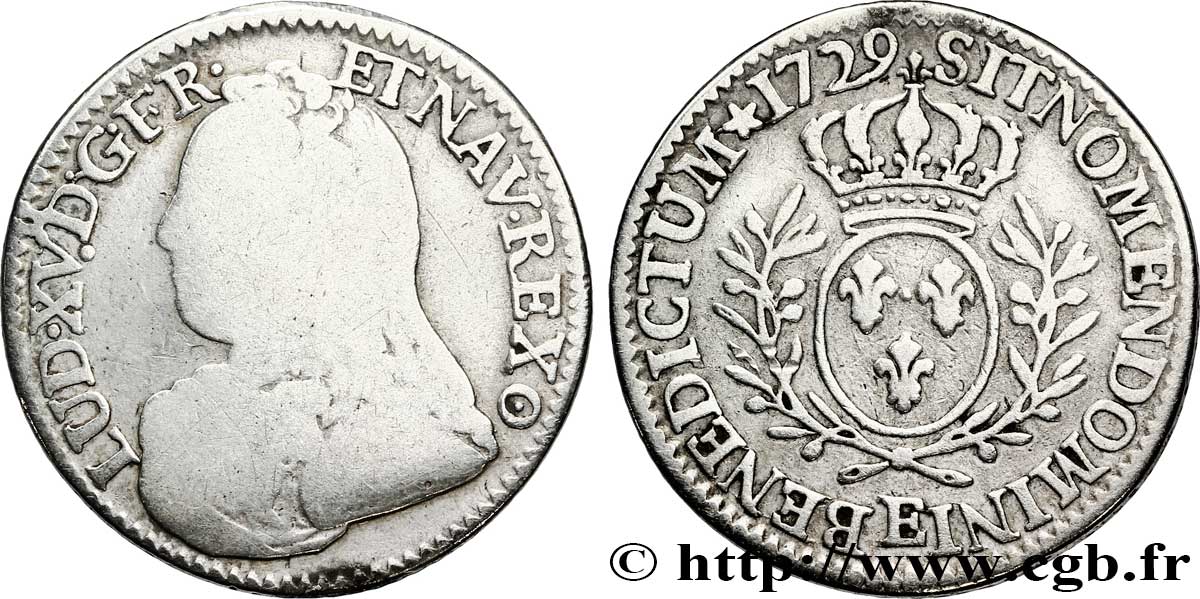 LOUIS XV DIT LE BIEN AIMÉ Cinquième d&nbsp;écu aux branches d&nbsp;olivier, buste habillé 1729 Tours B/TB