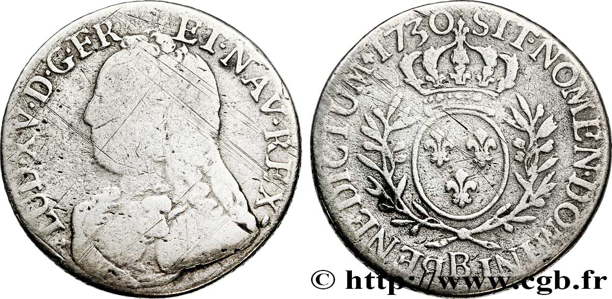 LOUIS XV DIT LE BIEN AIMÉ Cinquième d&nbsp;écu aux branches d&nbsp;olivier, buste habillé 1730 Rouen B+