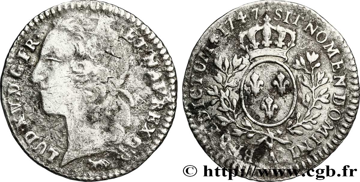 LOUIS XV DIT LE BIEN AIMÉ Dixième d&nbsp;écu aux branches d’olivier, tête ceinte d’un bandeau 1747 Paris TB