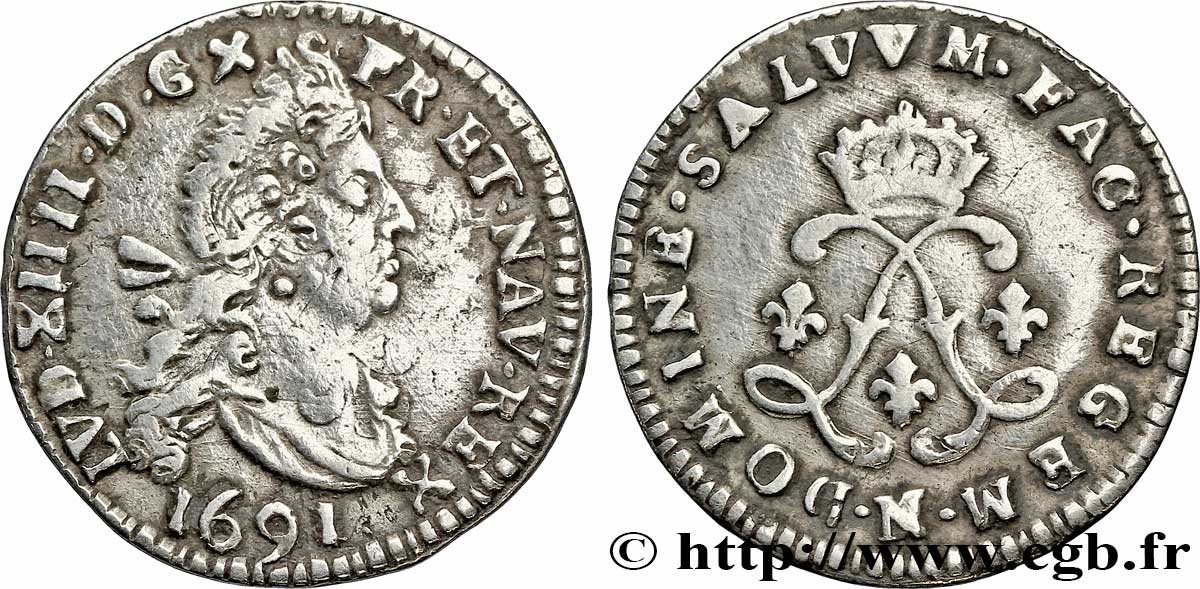 LOUIS XIV LE GRAND OU LE ROI SOLEIL Quatre sols aux deux L 1691 Montpellier TB+