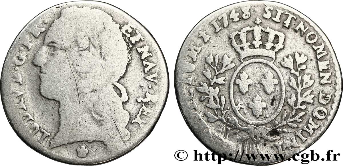 LOUIS XV DIT LE BIEN AIMÉ Dixième d&nbsp;écu aux branches d’olivier, tête ceinte d’un bandeau 1748 Metz B+