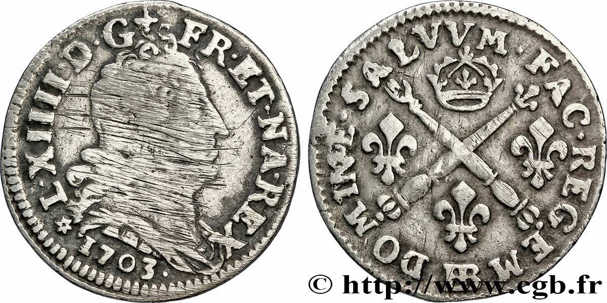 LOUIS XIV LE GRAND OU LE ROI SOLEIL Cinq sols aux insignes 1703 Strasbourg TB