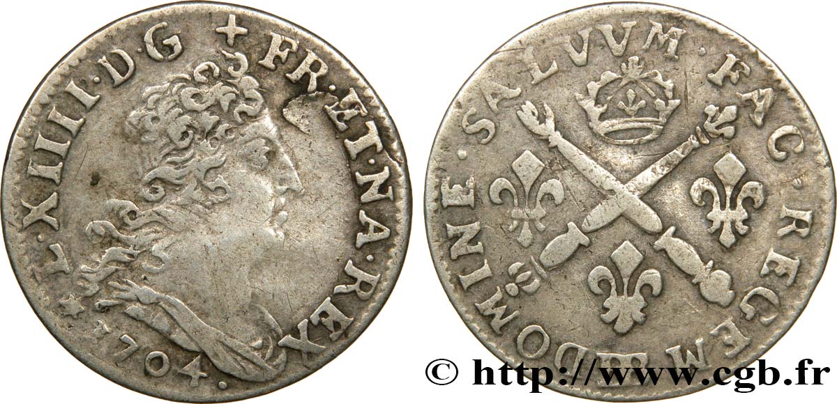 LOUIS XIV  THE SUN KING  Cinq sols aux insignes 1704 Strasbourg BC+