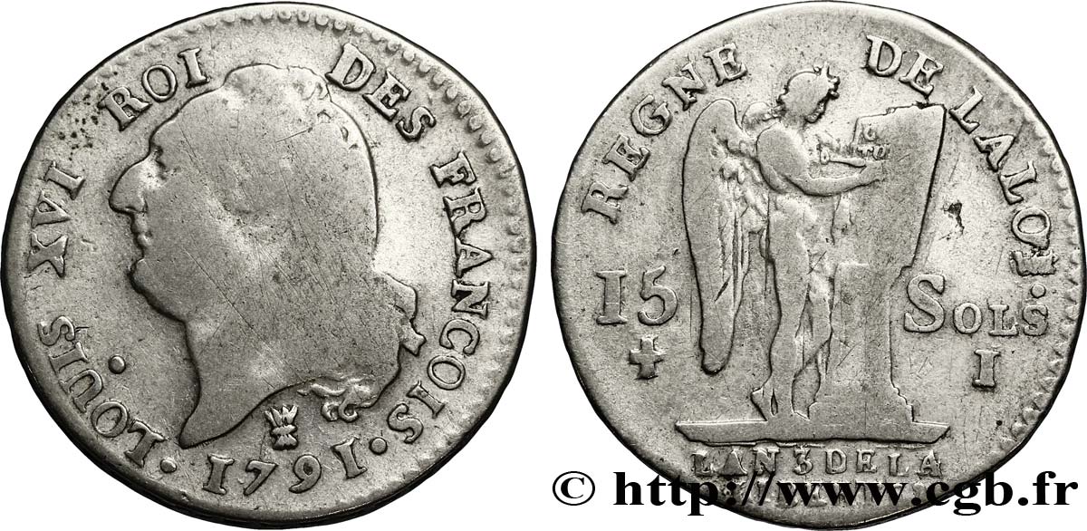 LOUIS XVI (MONARQUE CONSTITUTIONNEL)  15 sols dit &nbsp;au génie&nbsp;, type FRANCOIS 1791 Limoges B+