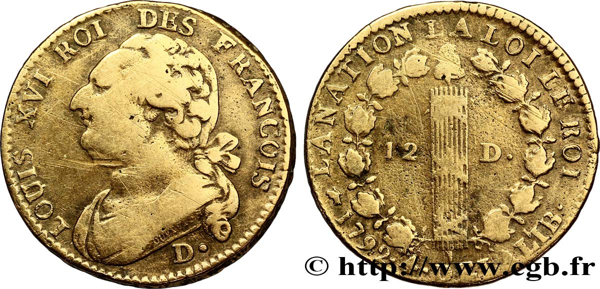 LOUIS XVI (MONARQUE CONSTITUTIONNEL)  12 deniers dit &nbsp;au faisceau&nbsp;, type FRANCOIS 1792 Dijon TB