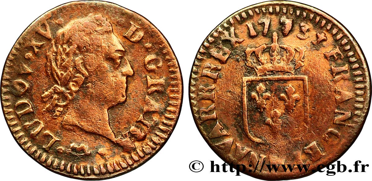 LOUIS XV DIT LE BIEN AIMÉ Liard dit &nbsp;à la vieille tête&nbsp; 1773 Montpellier TB