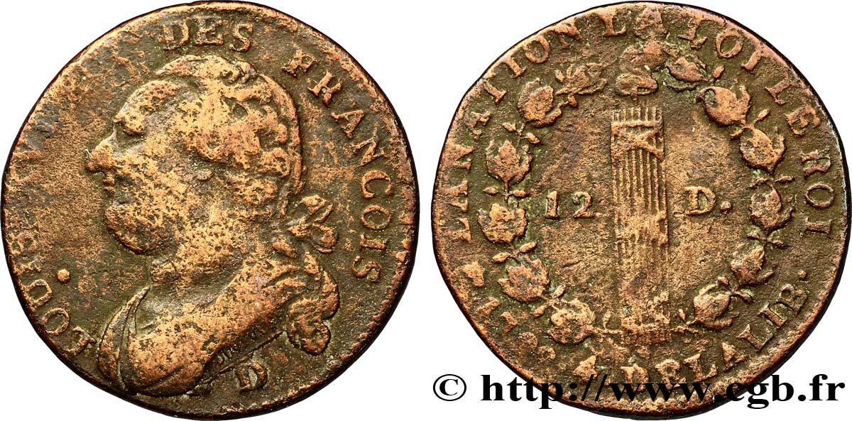 LOUIS XVI (MONARQUE CONSTITUTIONNEL)  12 deniers dit &nbsp;au faisceau&nbsp;, type FRANCOIS 1792 Lyon B