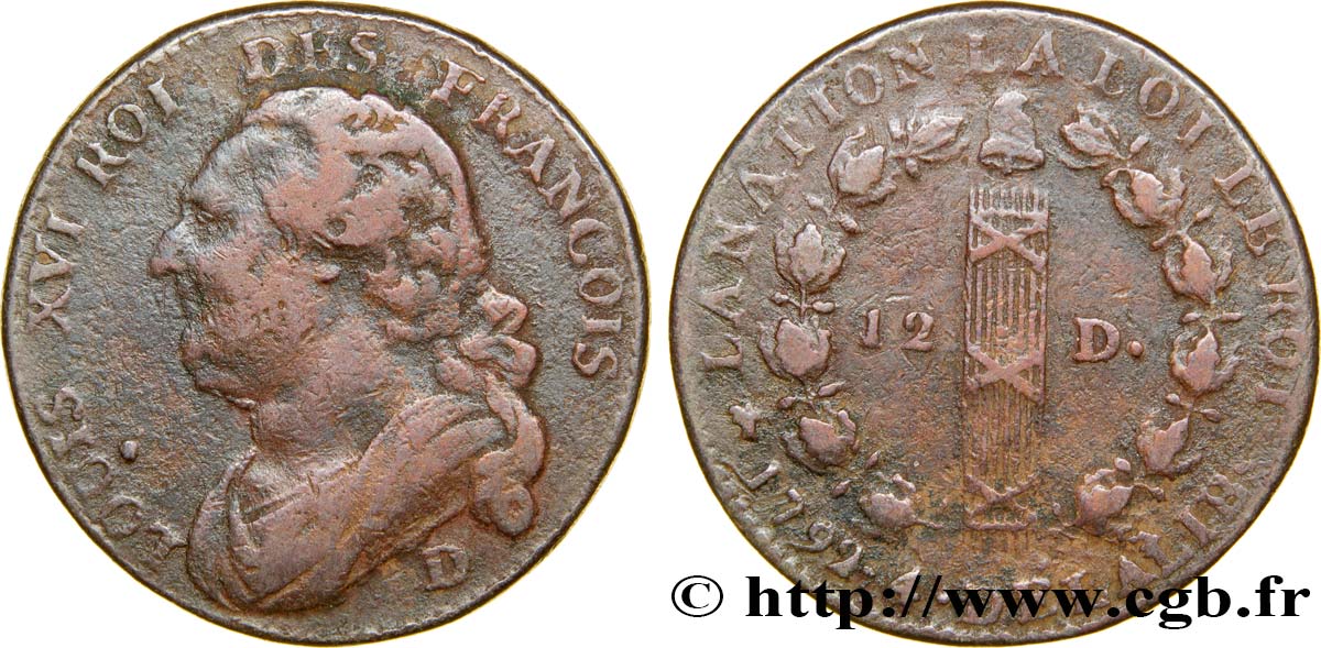 LOUIS XVI (MONARQUE CONSTITUTIONNEL)  12 deniers dit &nbsp;au faisceau&nbsp;, type FRANCOIS 1792 Lyon TB