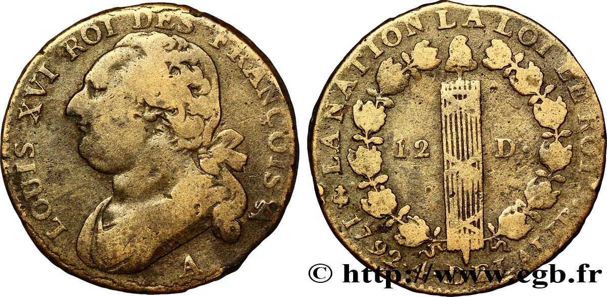 LOUIS XVI (MONARQUE CONSTITUTIONNEL)  12 deniers dit &nbsp;au faisceau&nbsp;, type FRANÇOIS 1792 Paris TB