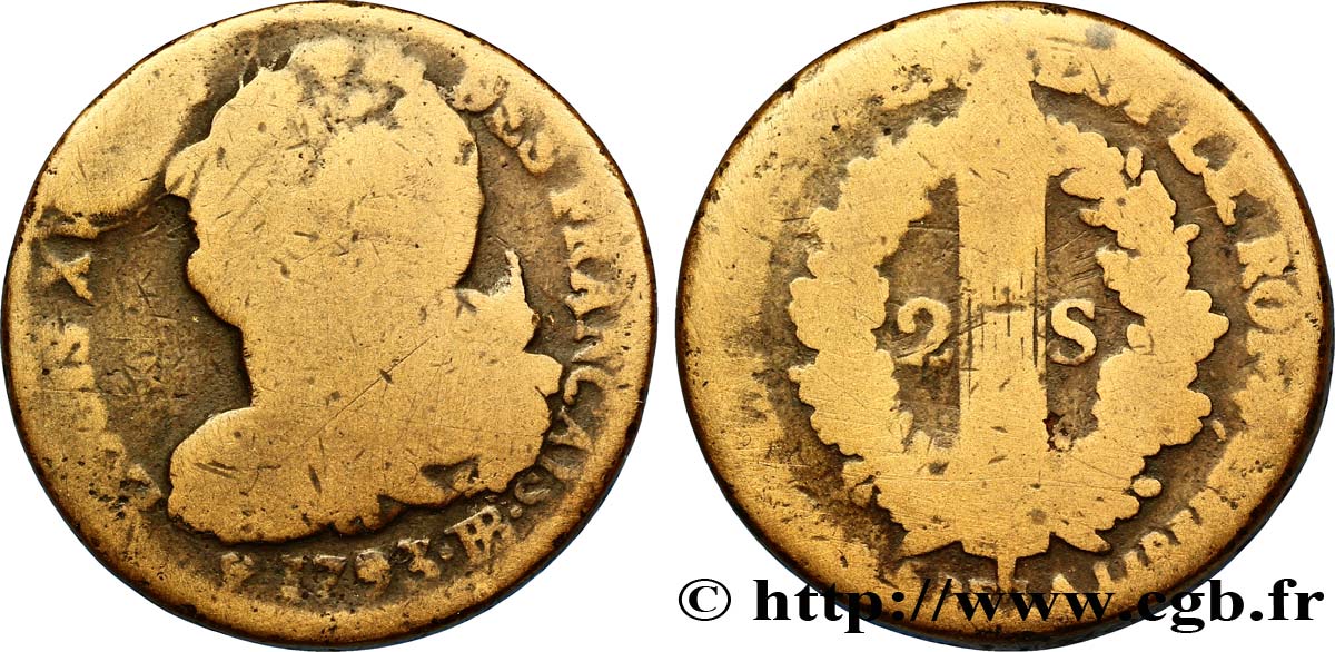 LOUIS XVI (MONARQUE CONSTITUTIONNEL)  2 sols dit &nbsp;au faisceau&nbsp;, type FRANÇAIS 1793 Strasbourg B