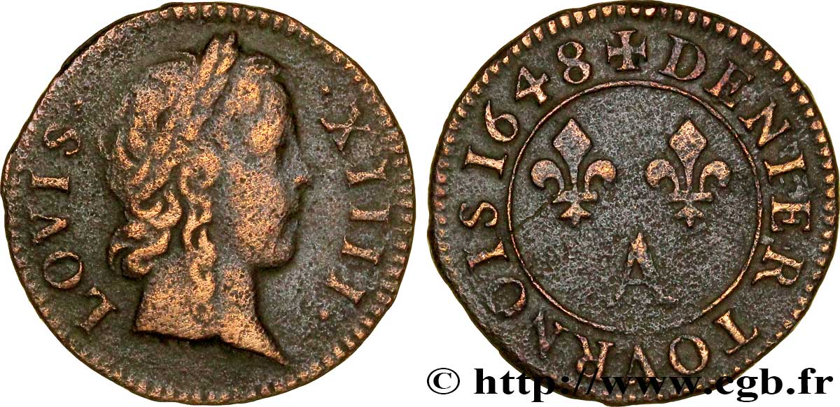 LOUIS XIV LE GRAND OU LE ROI SOLEIL Denier tournois 1648 Paris, Moulin du Louvre TB+