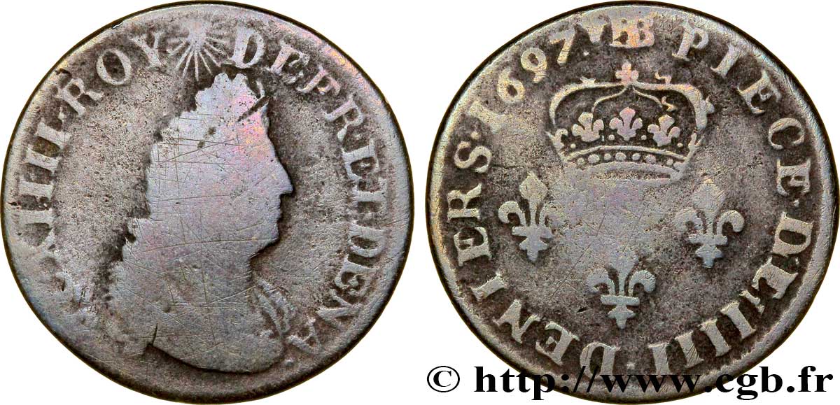 LOUIS XIV LE GRAND OU LE ROI SOLEIL IIII deniers 1697 Strasbourg B