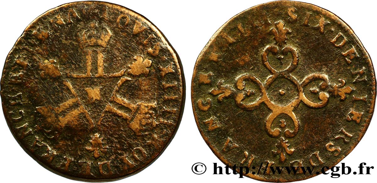 LOUIS XIV LE GRAND OU LE ROI SOLEIL Six deniers dits  Dardennes  1711 Montpellier TB