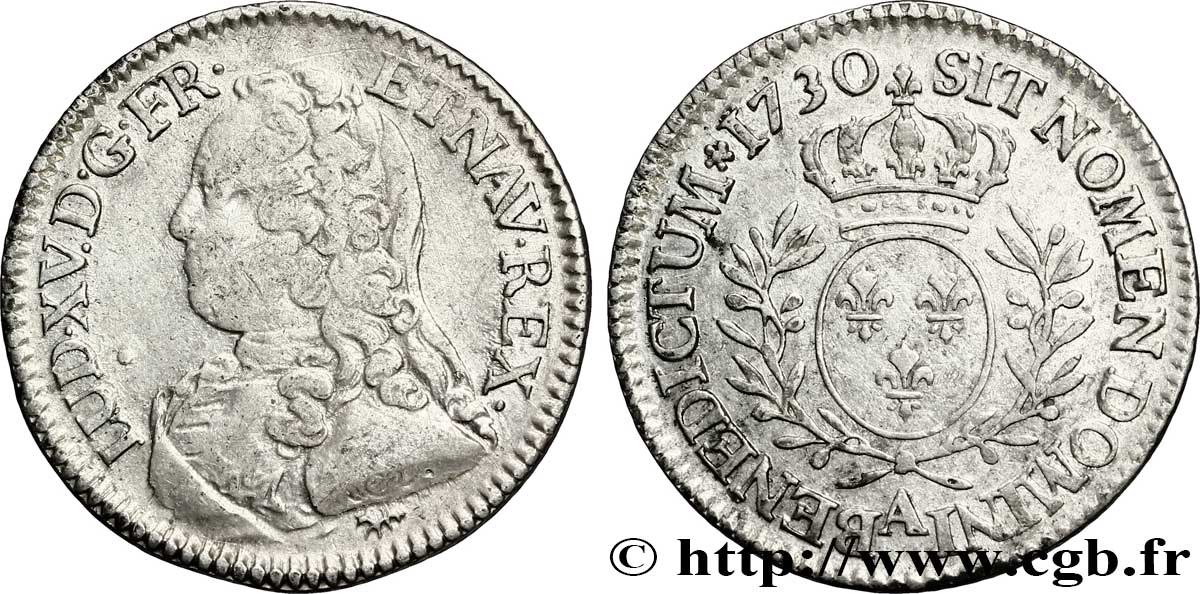 LOUIS XV DIT LE BIEN AIMÉ Cinquième d&nbsp;écu aux branches d&nbsp;olivier, buste habillé 1730 Paris TB+