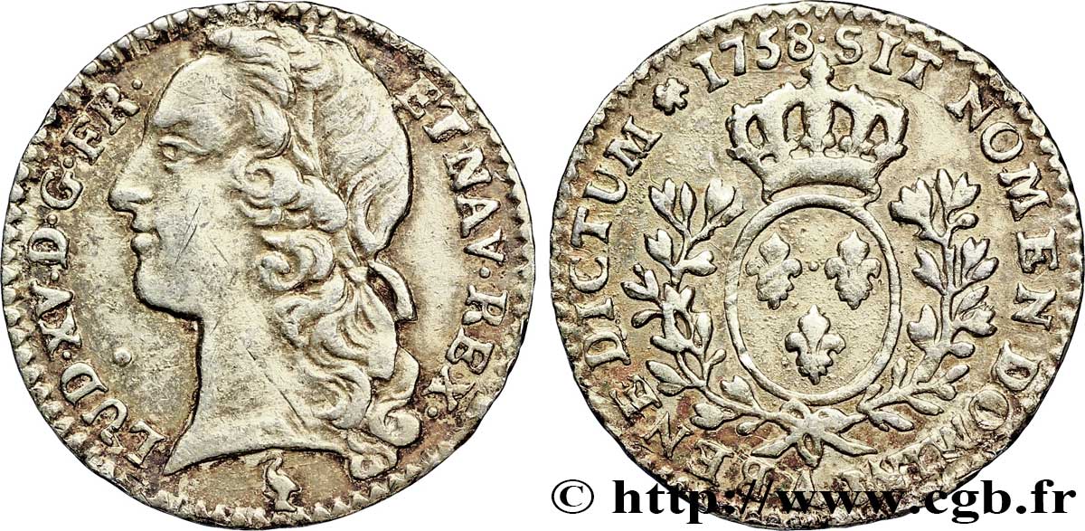 LOUIS XV DIT LE BIEN AIMÉ Dixième d&nbsp;écu aux branches d’olivier, tête ceinte d’un bandeau 1758 Paris TB+