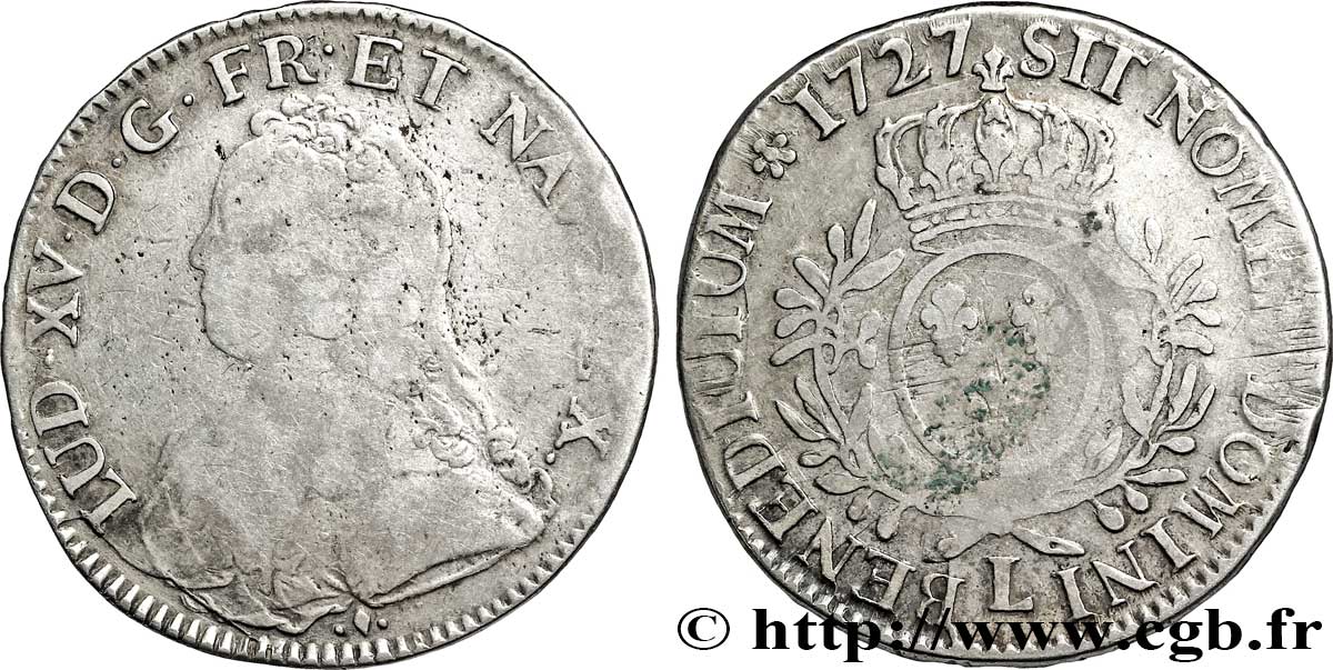 LOUIS XV DIT LE BIEN AIMÉ Écu aux branches d&nbsp;olivier, buste habillé 1727 Bayonne B