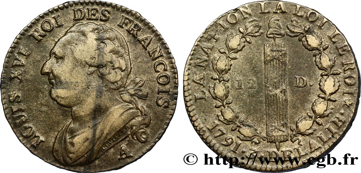 LOUIS XVI (MONARQUE CONSTITUTIONNEL)  12 deniers dit &nbsp;au faisceau&nbsp;, type FRANCOIS 1791 Paris, Monnaie du Louvre TTB+