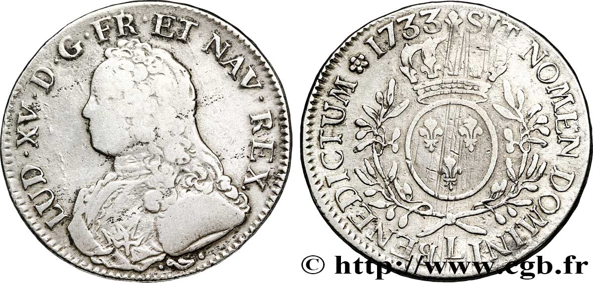 LOUIS XV DIT LE BIEN AIMÉ Écu aux branches d&nbsp;olivier, buste habillé 1733 Bayonne TB