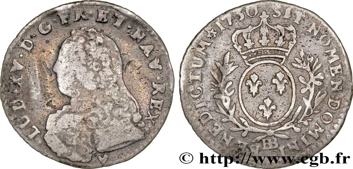 LOUIS XV DIT LE BIEN AIMÉ Dixième d’écu aux branches d’olivier, buste habillé 1730 Strasbourg B+