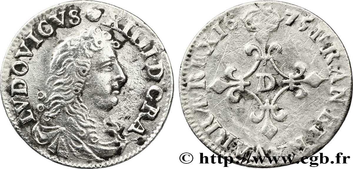 LOUIS XIV LE GRAND OU LE ROI SOLEIL Quatre sols à la croix formée de lis 1675 Lyon ou Vimy-en-Lyonnais TB+