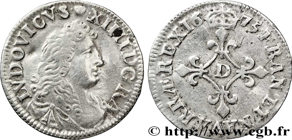 LOUIS XIV LE GRAND OU LE ROI SOLEIL Quatre sols à la croix formée de lis 1675 Lyon ou Vimy-en-Lyonnais TB+